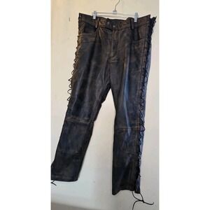 Y2K Men's Leather Pants Size 36x29  Biker Rocker Style Lace Up Distressed Brown